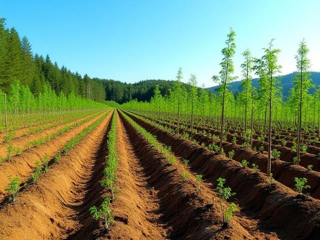 Área em processo de restauração florestal com mudas jovens.